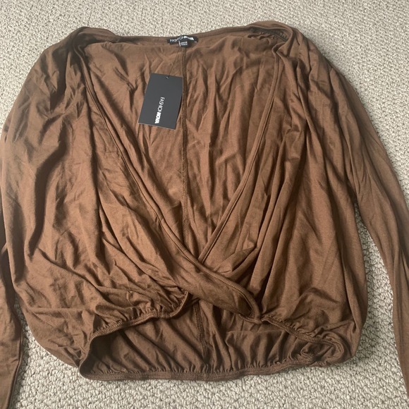 Fashion Nova Womens Top‎ Size Small Brown Never Ruche Me Long Sleeves Surplice - Picture 3 of 11